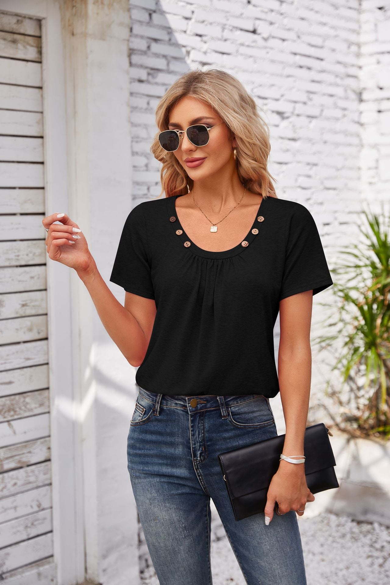 Women's Short-sleeved T-shirt Summer Button Square Collar Pleated Design Solid Color Loose T-shirt Womens Clothing - globaltradeleader