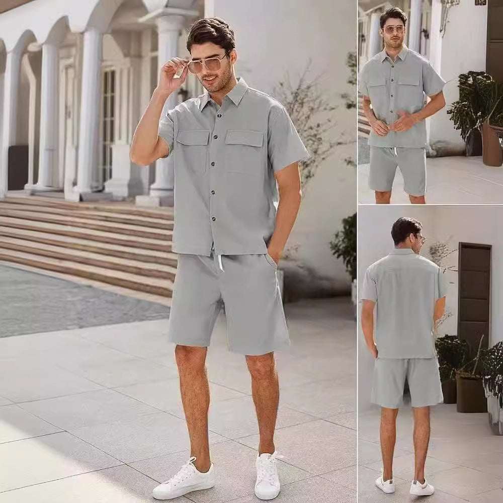 Summer Suits Men Short Sleeve Lapel Pockets Shirt And Drawstring Shorts Sports Fashion Leisure Men's Clothing - globaltradeleader