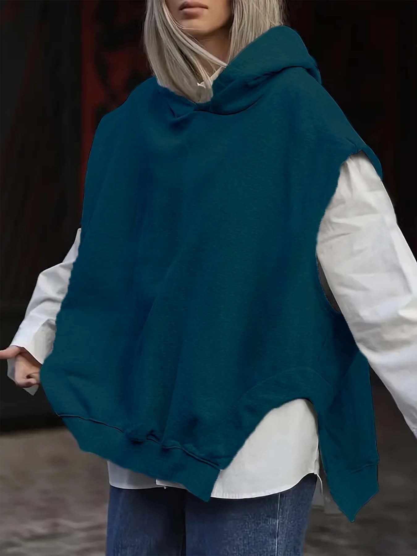 Women's Solid Color Style Loose Sleeveless Hooded Jacket Sweater - globaltradeleader