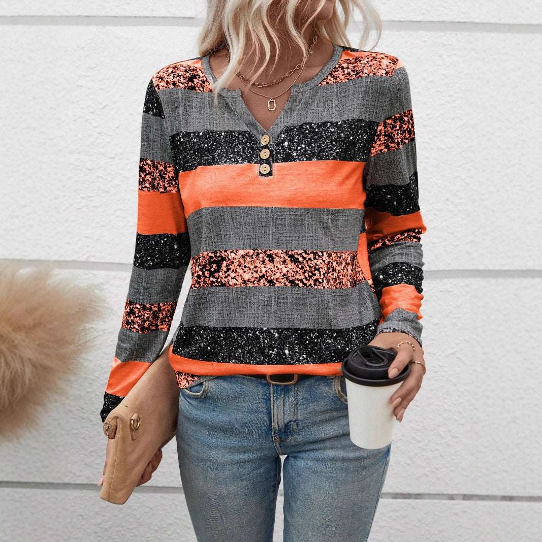 Striped V-neck 3D Printing Fashion Casual Sweater - globaltradeleader