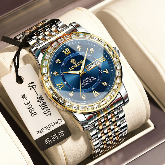 Business Diamond-embedded Mechanical Watch Double Calendar Waterproof Luminous - globaltradeleader