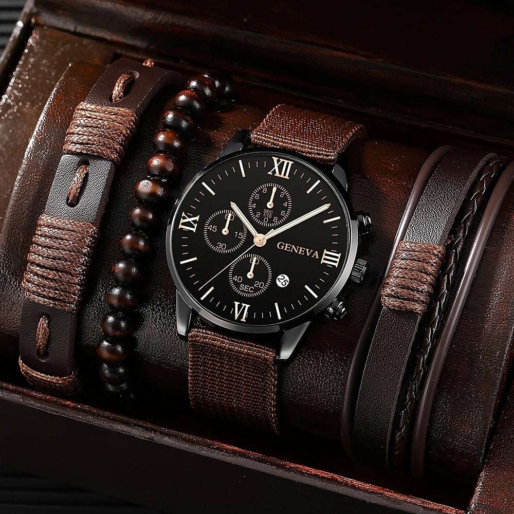 Single Calendar Fake Three Eye Canvas Quartz Watch Bracelet Set - globaltradeleader