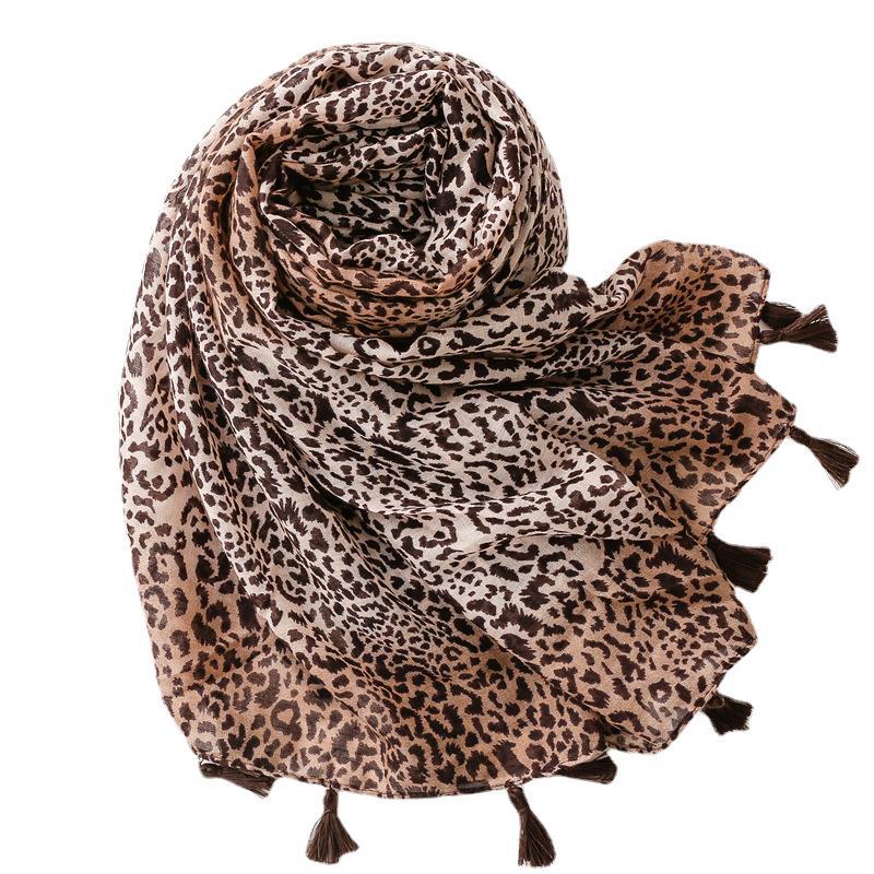 Fashion Large Leopard-print Personality Voile Silk Scarf Coffee Color Gradient Handmade Tassel Sun-proof