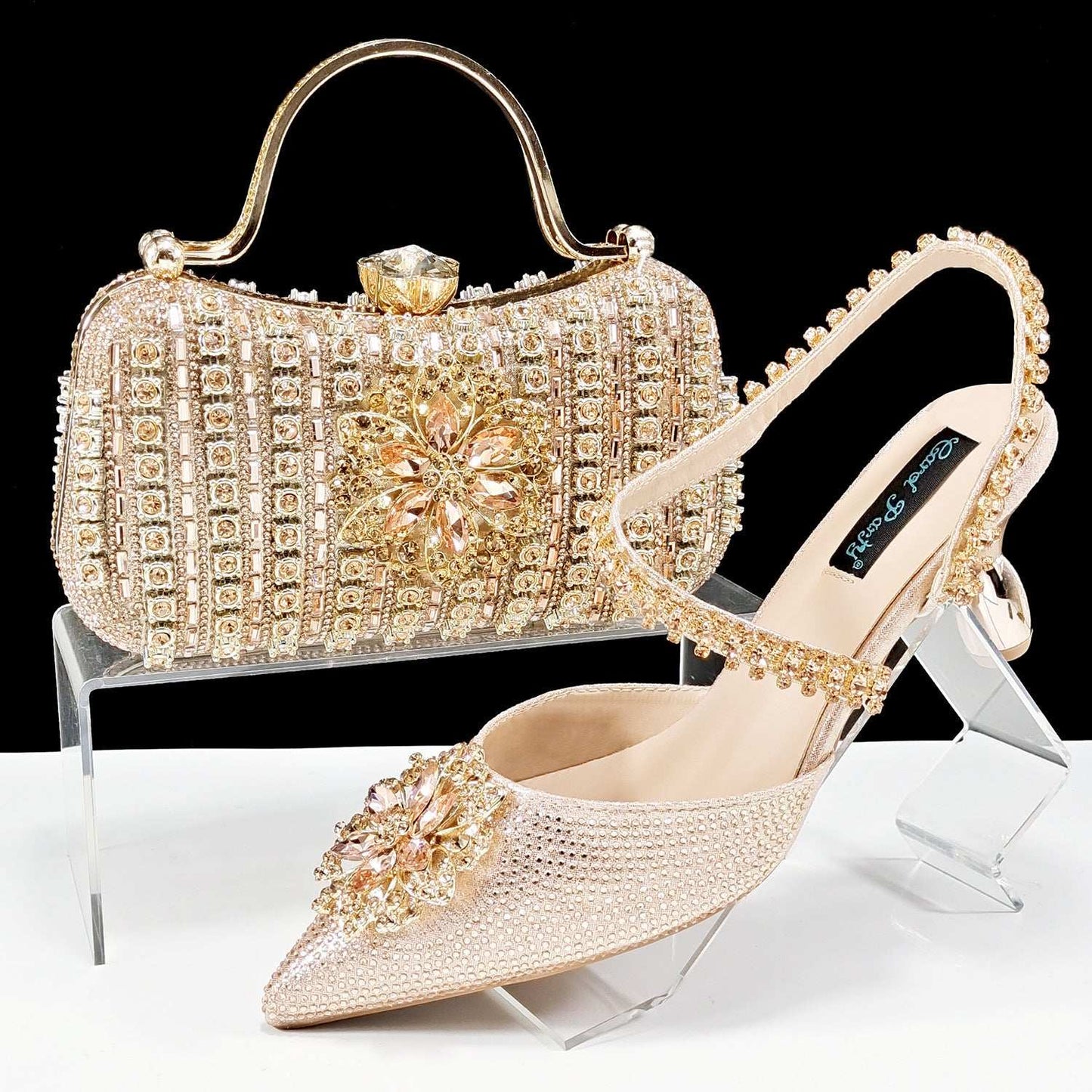 Sexy Women's Shoes And Bags Suit Drill Buckle Flower Decorative Ankle Drill Chain With Hard Clutch - globaltradeleader