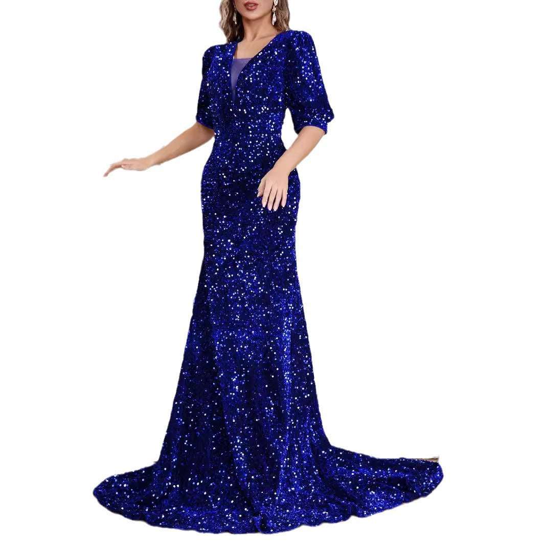 Sexy Middle Sleeve Trailing Sequin Dress Banquet Evening Dress - globaltradeleader