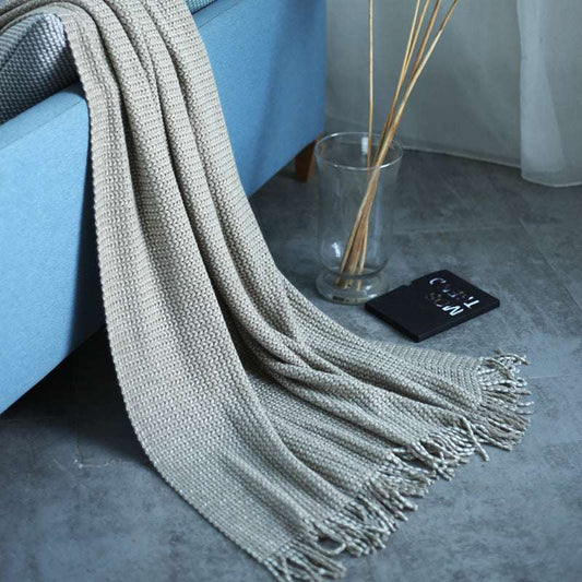 Solid Color Knitted Fringed Wool Sofa Blanket