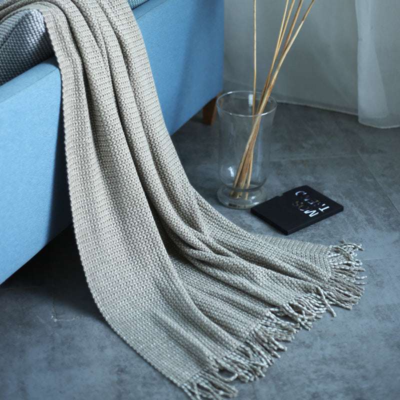Solid Color Knitted Fringed Wool Sofa Blanket