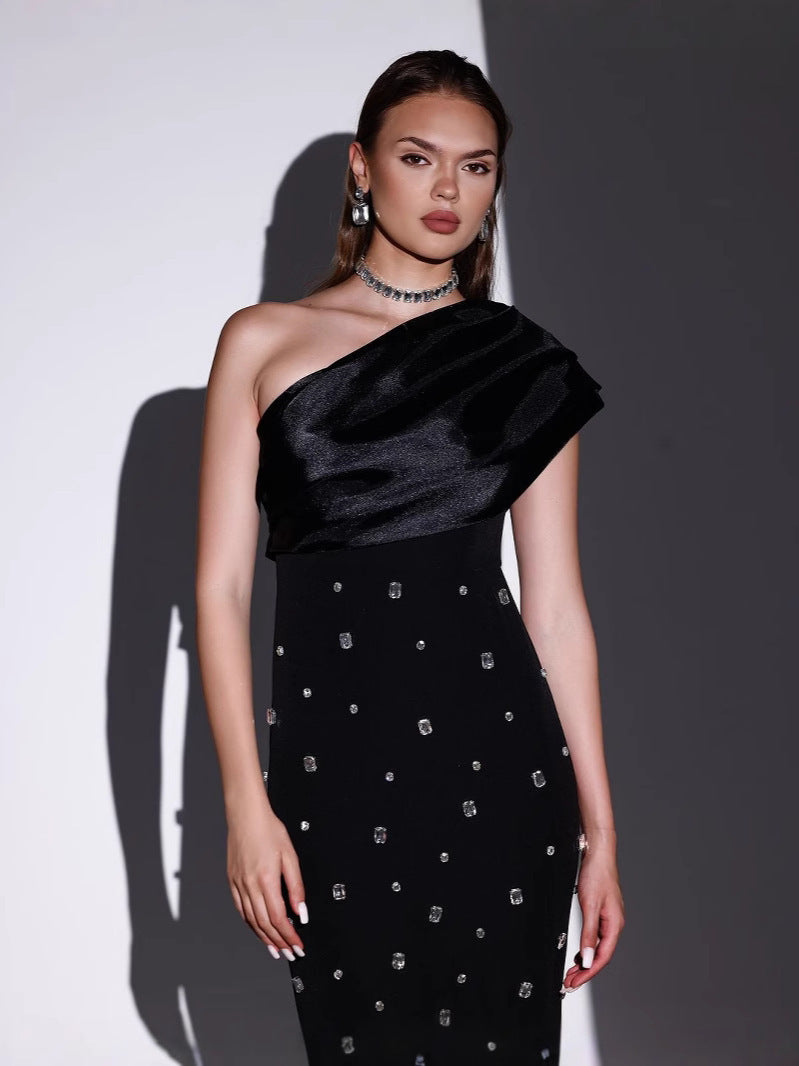 Off-shoulder Diamond Black Evening Dress - globaltradeleader