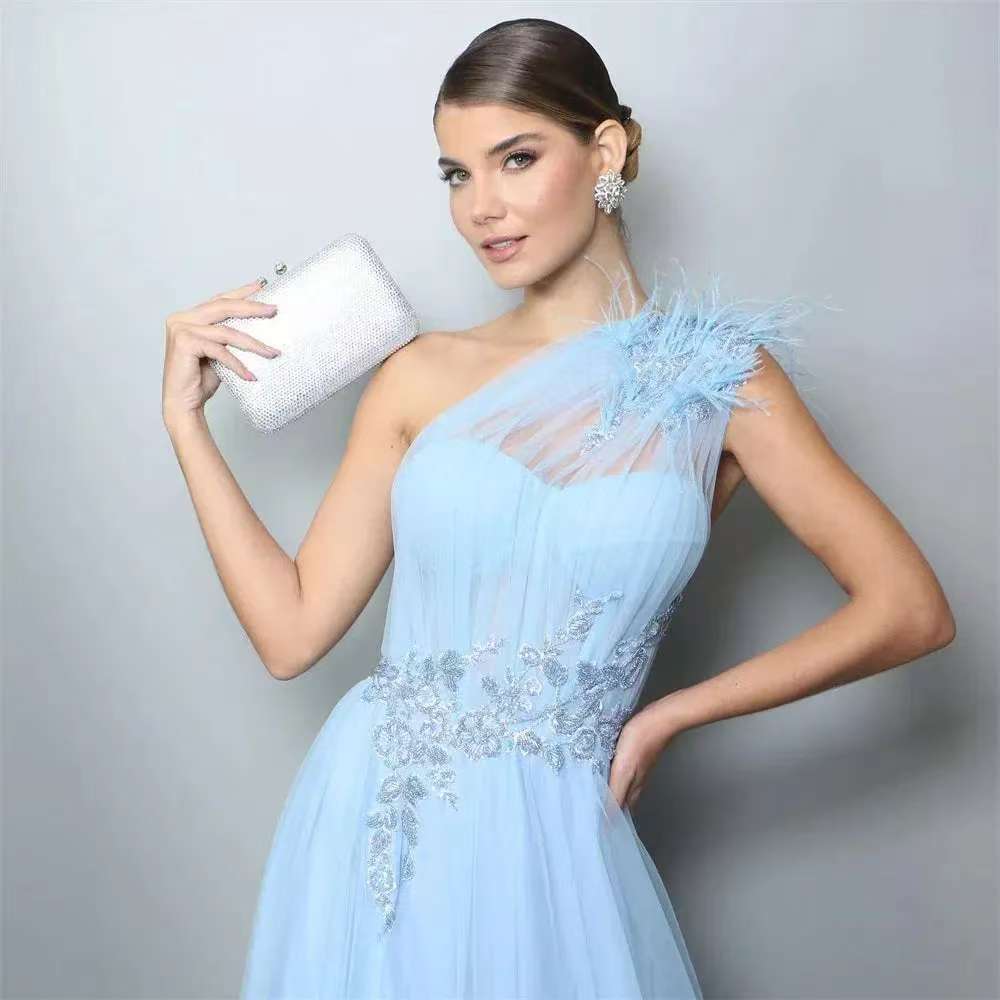 Blue One-shoulder Feather Wedding Dress - globaltradeleader
