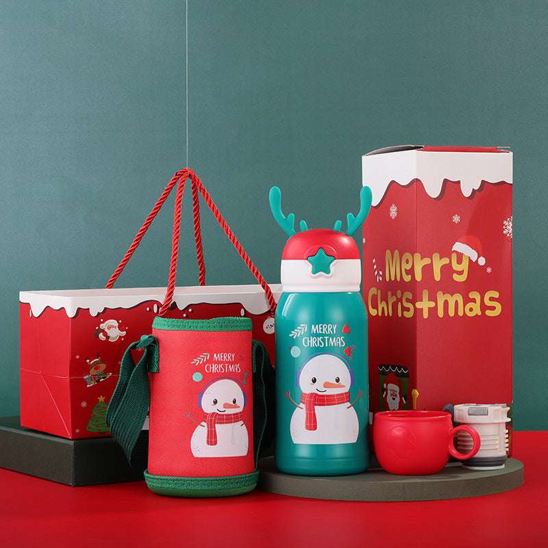 Christmas Gift Vacuum Flask Cartoon Elk Children With Cup Sleeve Bouncing Stainless Steel Double-layer Vacuum Flask
