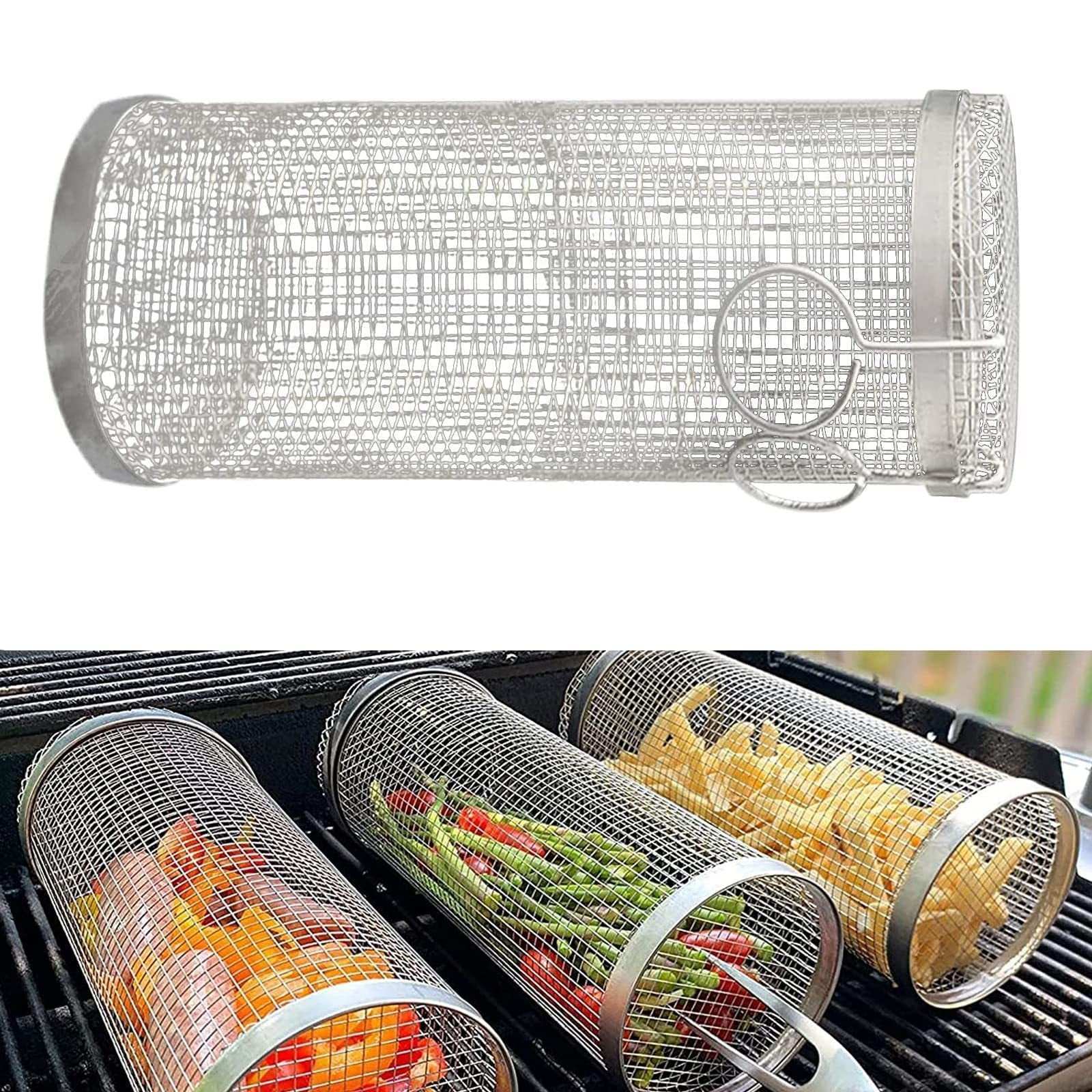 Rolling Grilling Basket Metal BBQ Barbecue Basket Net Portable Outdoor Camping Barbecue Rack Kitchen Gadgets - globaltradeleader