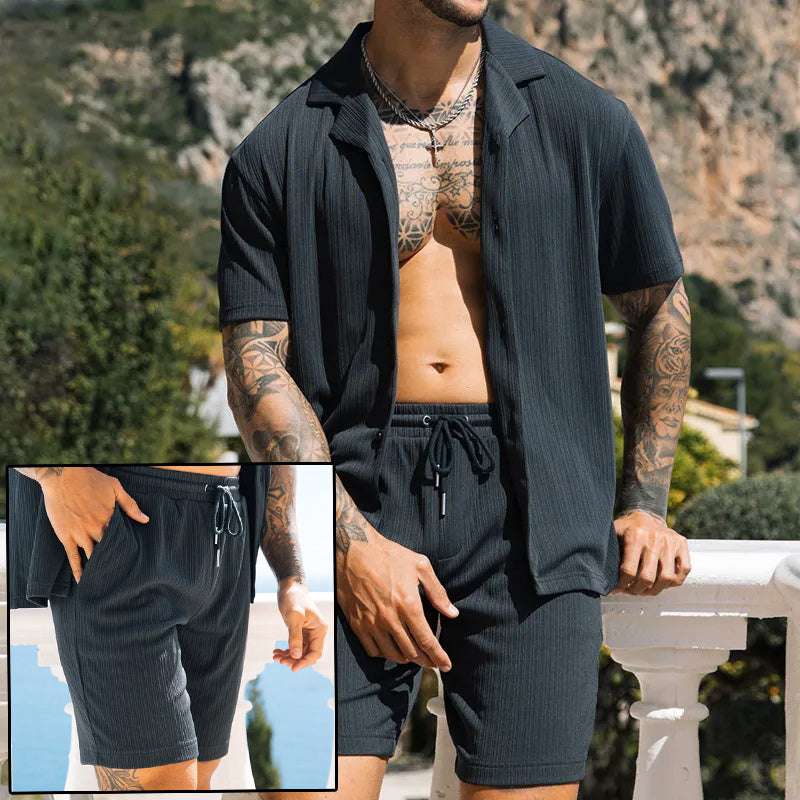 Men's Two Piece Set Short Sleeve Lapel Button Shirts And Shorts Beach Style Suits Men Summer Fashion Clothing Streetwear - globaltradeleader