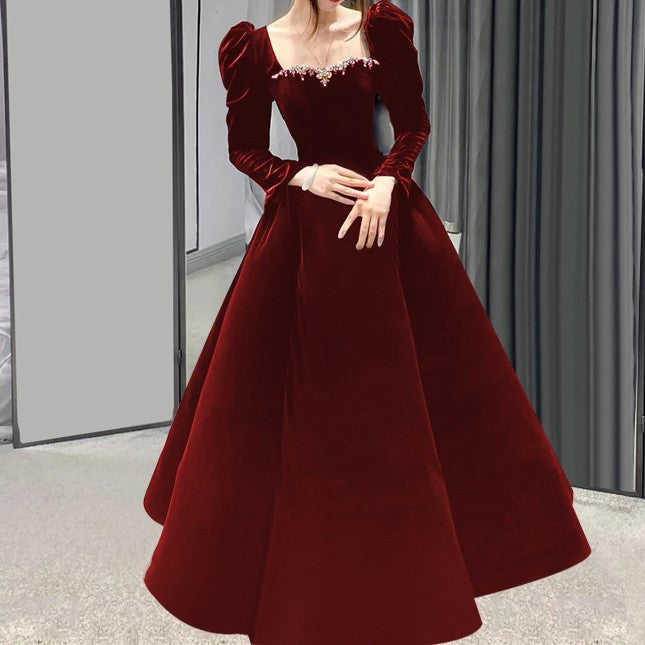 Atmospheric Red Long-sleeved Senior Evening Dress Woman - globaltradeleader