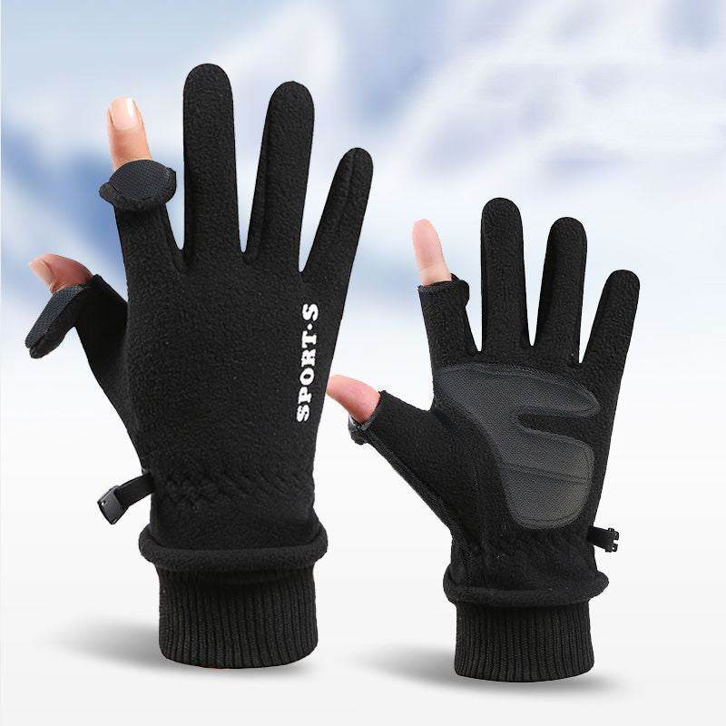 Outdoor Ski Riding Gloves Winter Polar Fleece Flip Cover Winter Gloves Men And Women Plus Velvet Thickened Warm Touch Screen Gloves - globaltradeleader
