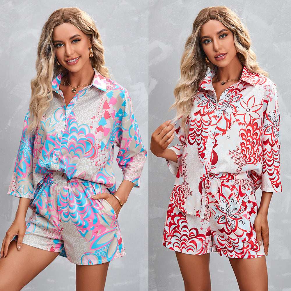 Women's Fashion Printed Short-sleeved Shorts Casual Suit - globaltradeleader