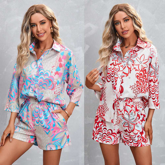 Women's Fashion Printed Short-sleeved Shorts Casual Suit - globaltradeleader