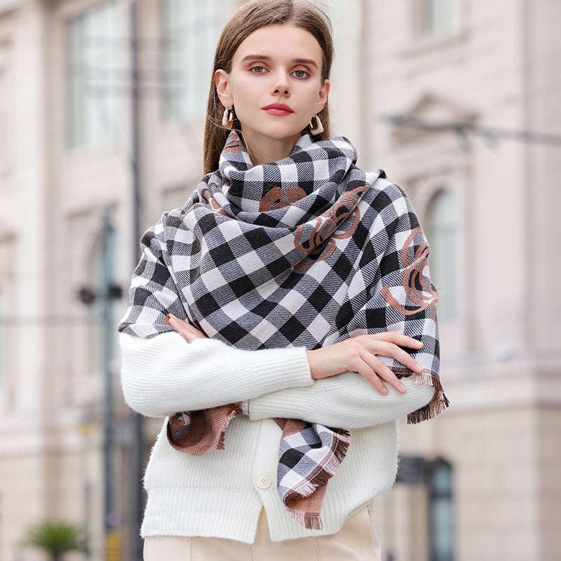 High-grade Cold Protection In Autumn And Winter Thermal Plaid Scarf Printed Tassel Mid-length Shawl - globaltradeleader