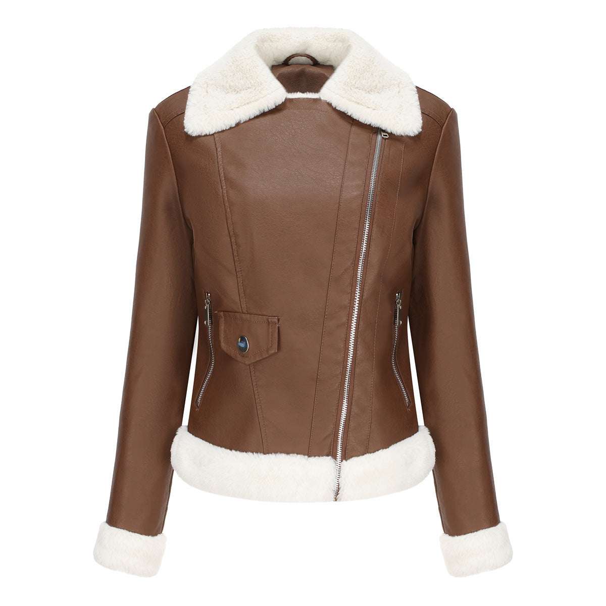 Fleece Leather Jacket Female European Code Warm Long Sleeves Turn-down Collar Coat - globaltradeleader