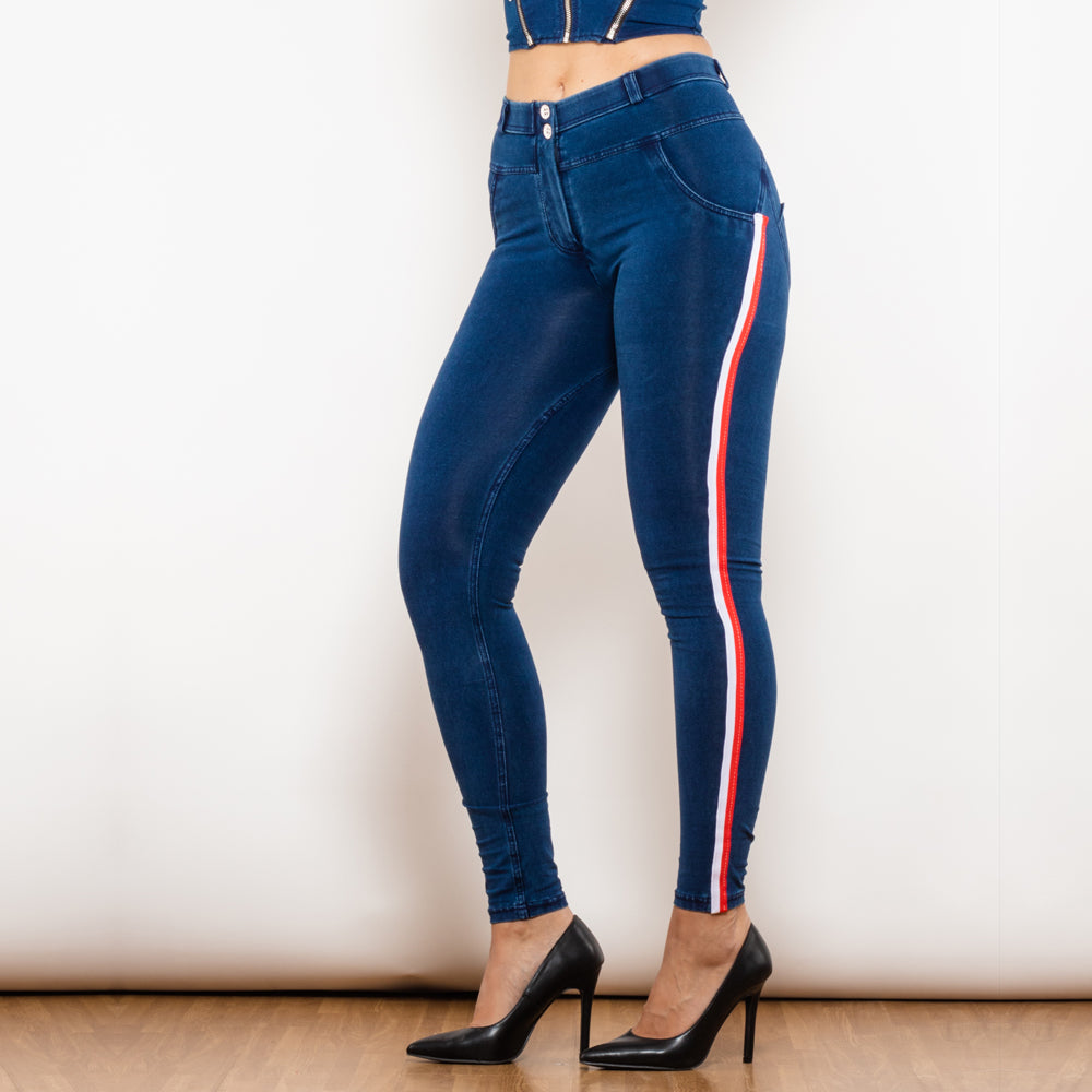 Shascullfites Melody White&Red Side Stripe Dark Blue Denim Jeans Middle Waist Stretch Pants Slim Straight Butt Lift Pants