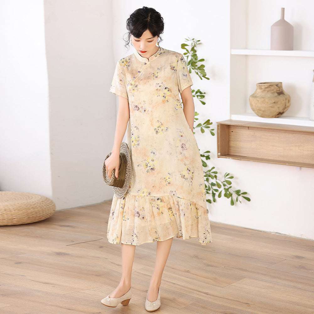 Women's Chinese Stand Collar Print Improved Cheongsam Literary Button Dress