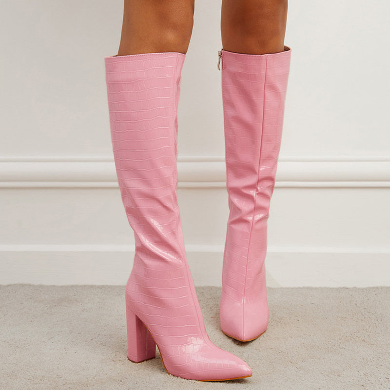 Fashion Boots Winter Pointed Toe High Square Heel Shoes With Side Zipper Mid-calf Boots Women - globaltradeleader