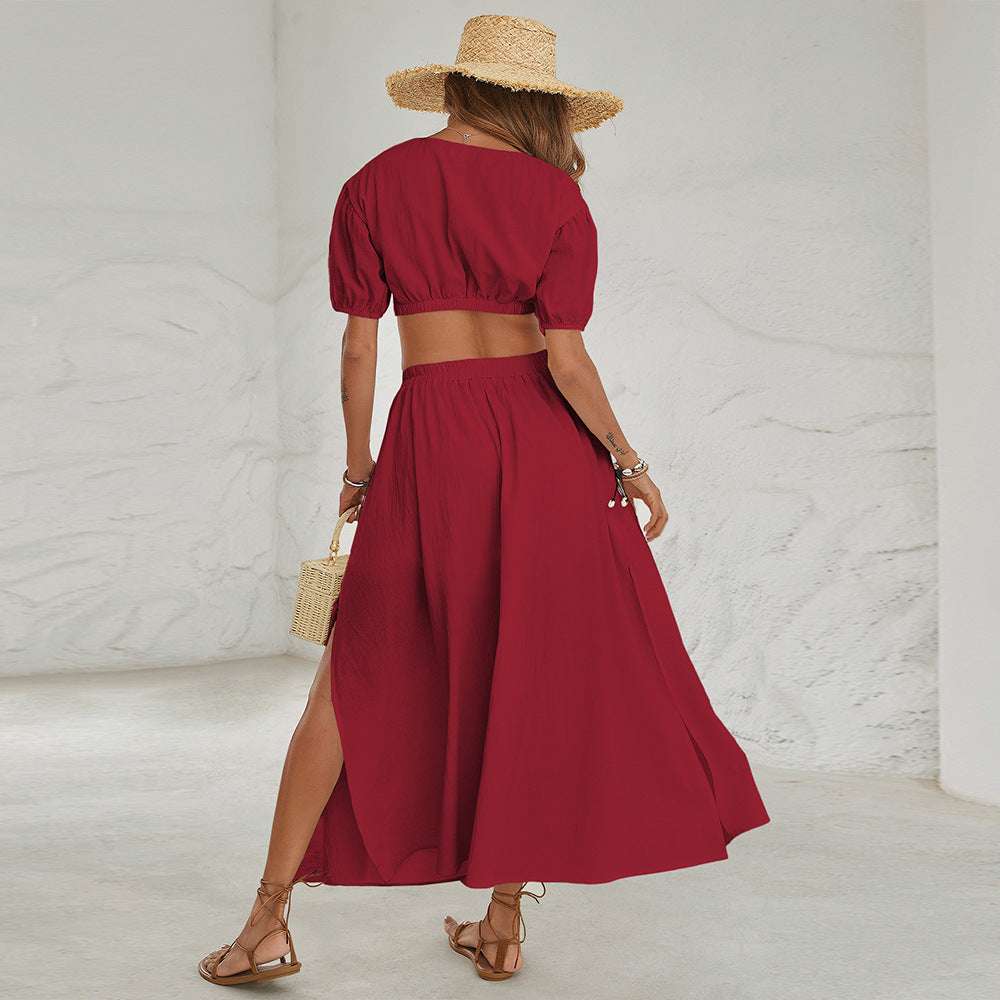 Short Top Solid Color Medium Length Skirt Fashion Dress Set