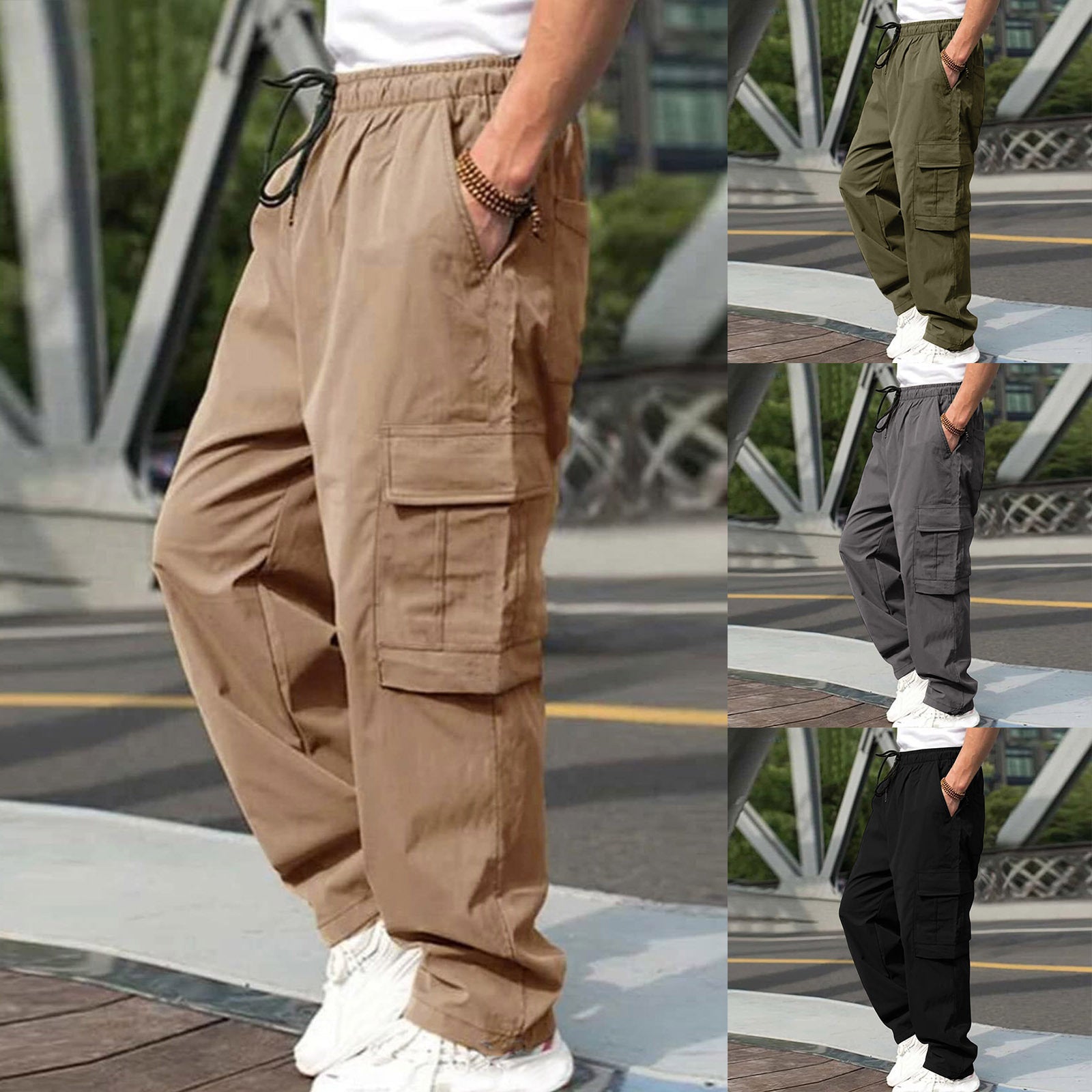 Casual Cargo Pants For Men Loose Straight Drawstring Waist Trousers With Pockets - globaltradeleader