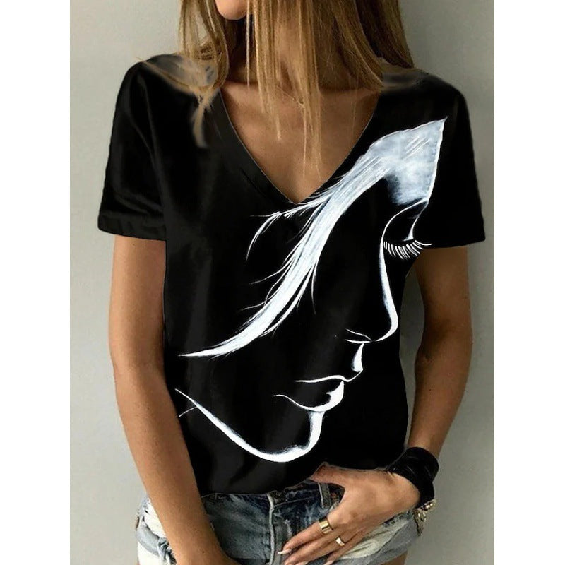 Fashion Women's Wear Abstract Portrait T-shirt Print Summer V-neck Shirt - globaltradeleader