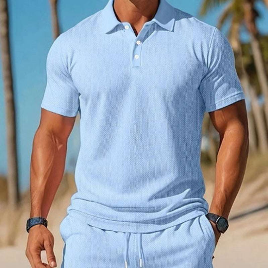 Men's Casual Beach Mesh Lapel Set Summer Comfortable Breathable Loose Solid-Color Sports Short-Sleeved Shirt And Shorts Set - globaltradeleader