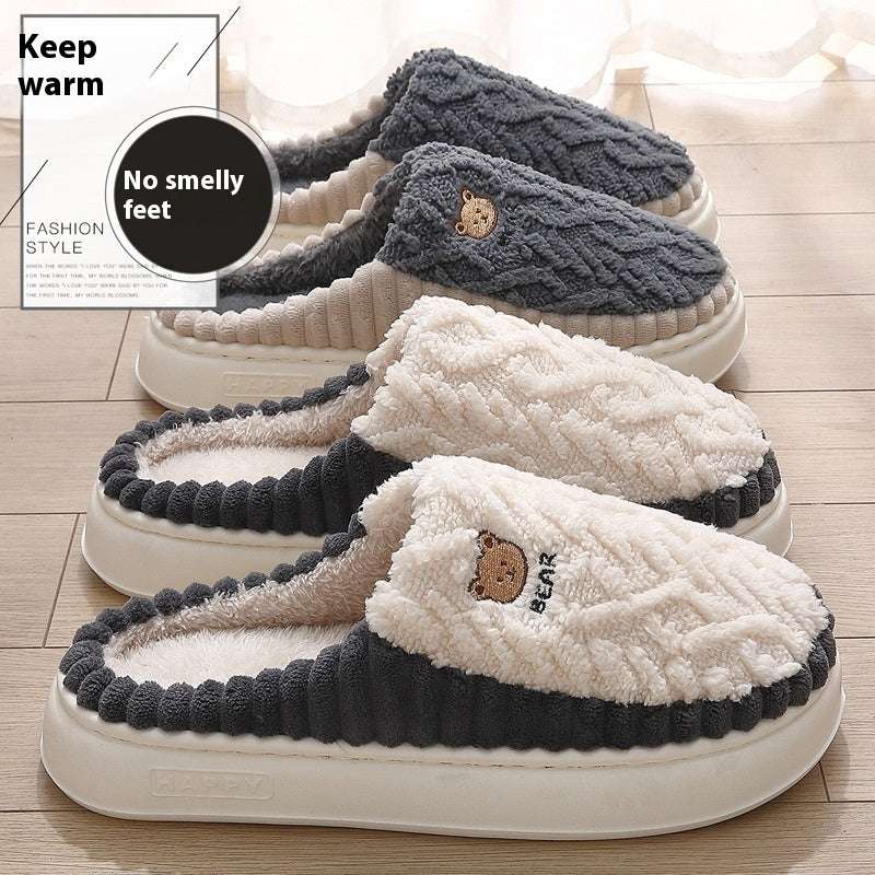 Cute Bear Plush Slippers Winter Warm Fleece Shoes Indoor Bedroom Floor Home Slippers For Women Men Couple - globaltradeleader