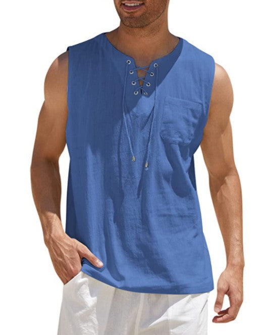 Tank Vest Men Shirt Collar Tie Short Sleeve T-Shirt