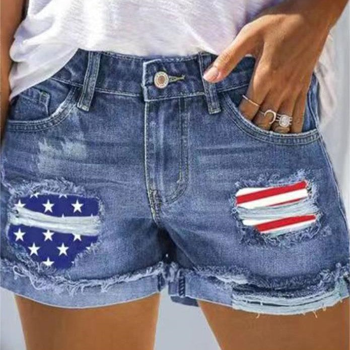 Flag Printed Patch Denim Shorts