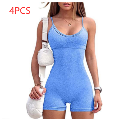 Spaghetti Strap Shorts Jumpsuit Sports Yoga Workout Tight Romper Women Fashion Fitness Sportwear - globaltradeleader