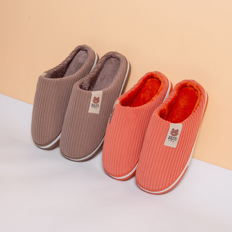 Solid Color Striped Slippers For Women Thick-soled Anti-slip Indoor Warm Plush Home Shoes Couple Women Men Slipper Winter - globaltradeleader