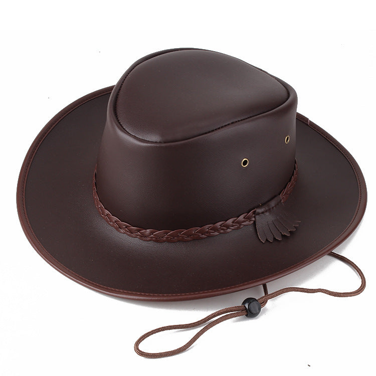 Solid Colour Leather Cord Large Brimmed Sun Visor Cowboy Hat - globaltradeleader