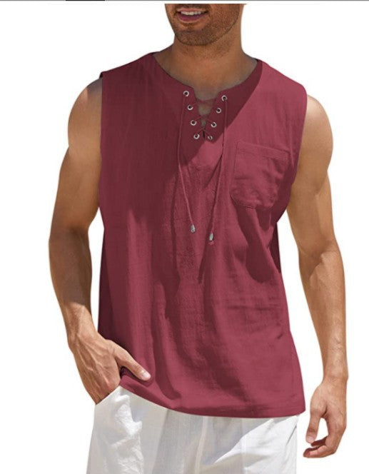 Tank Vest Men Shirt Collar Tie Short Sleeve T-Shirt