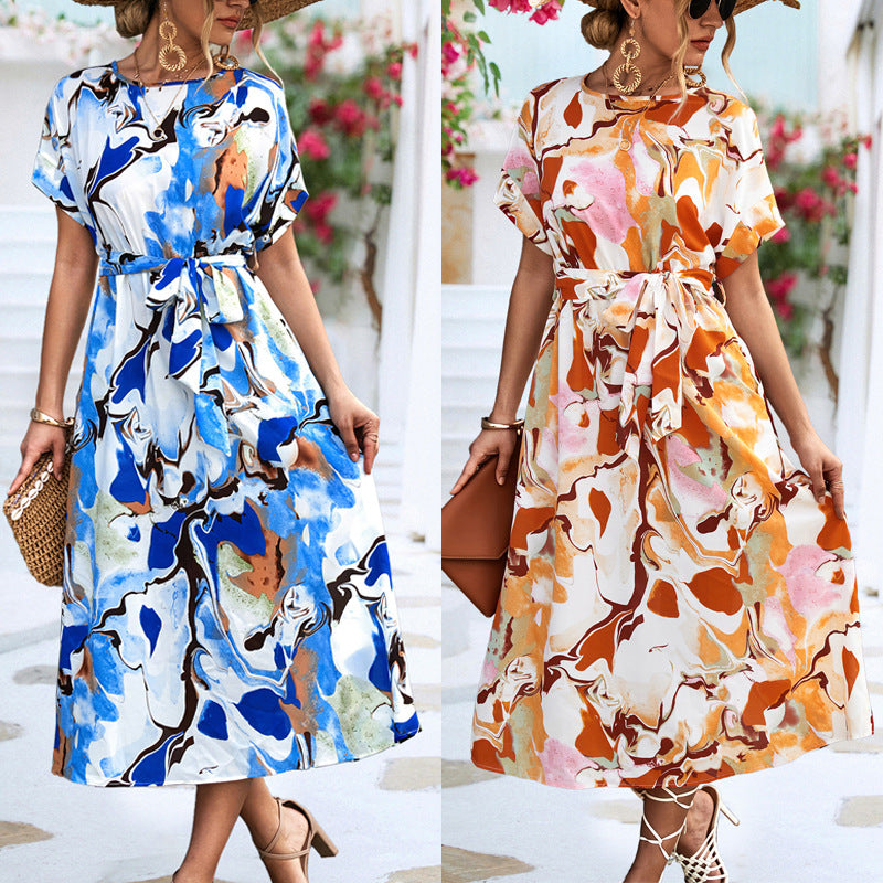 Summer Print Short-sleeved Dress Summer Loose Lace-up A-line Long Dresses Fashion Casual Holiday Beach Dress For Womens Clothing - globaltradeleader