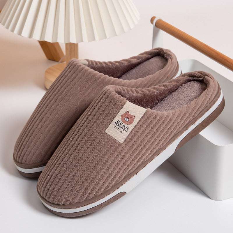 Solid Color Striped Slippers For Women Thick-soled Anti-slip Indoor Warm Plush Home Shoes Couple Women Men Slipper Winter - globaltradeleader