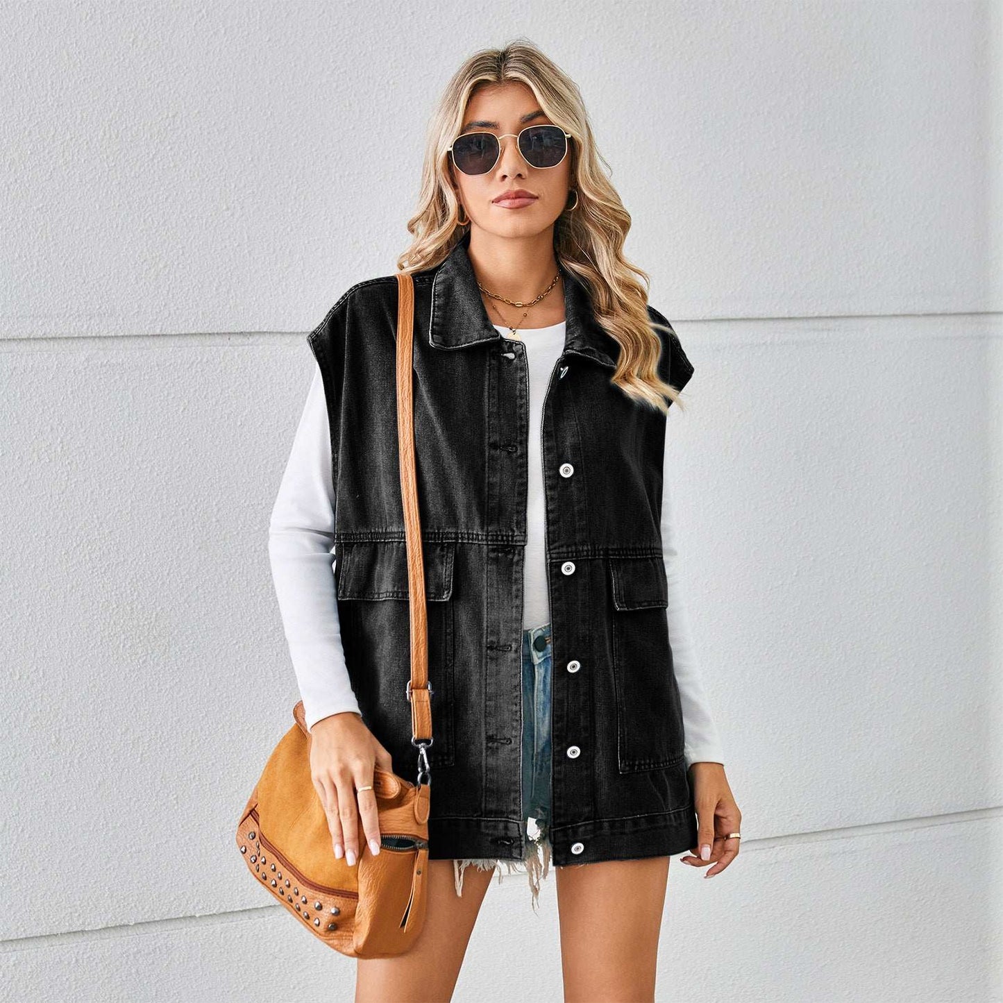 Denim Vest With Big Pockets Fashion Sleeveless Outwear Vest For Womens Clothing - globaltradeleader
