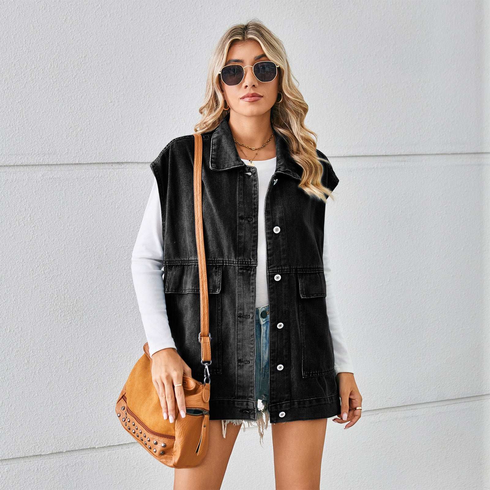 Denim Vest With Big Pockets Fashion Sleeveless Outwear Vest For Womens Clothing - globaltradeleader