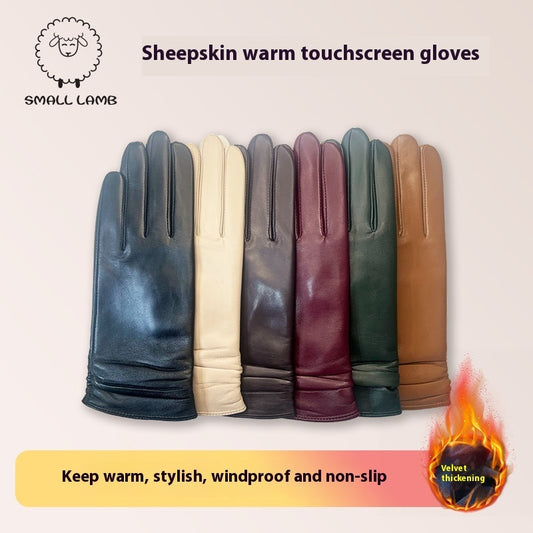 Ladies Color Touch Screen Sheepskin Leather Gloves Winter Outdoors Warm With Velvet - globaltradeleader