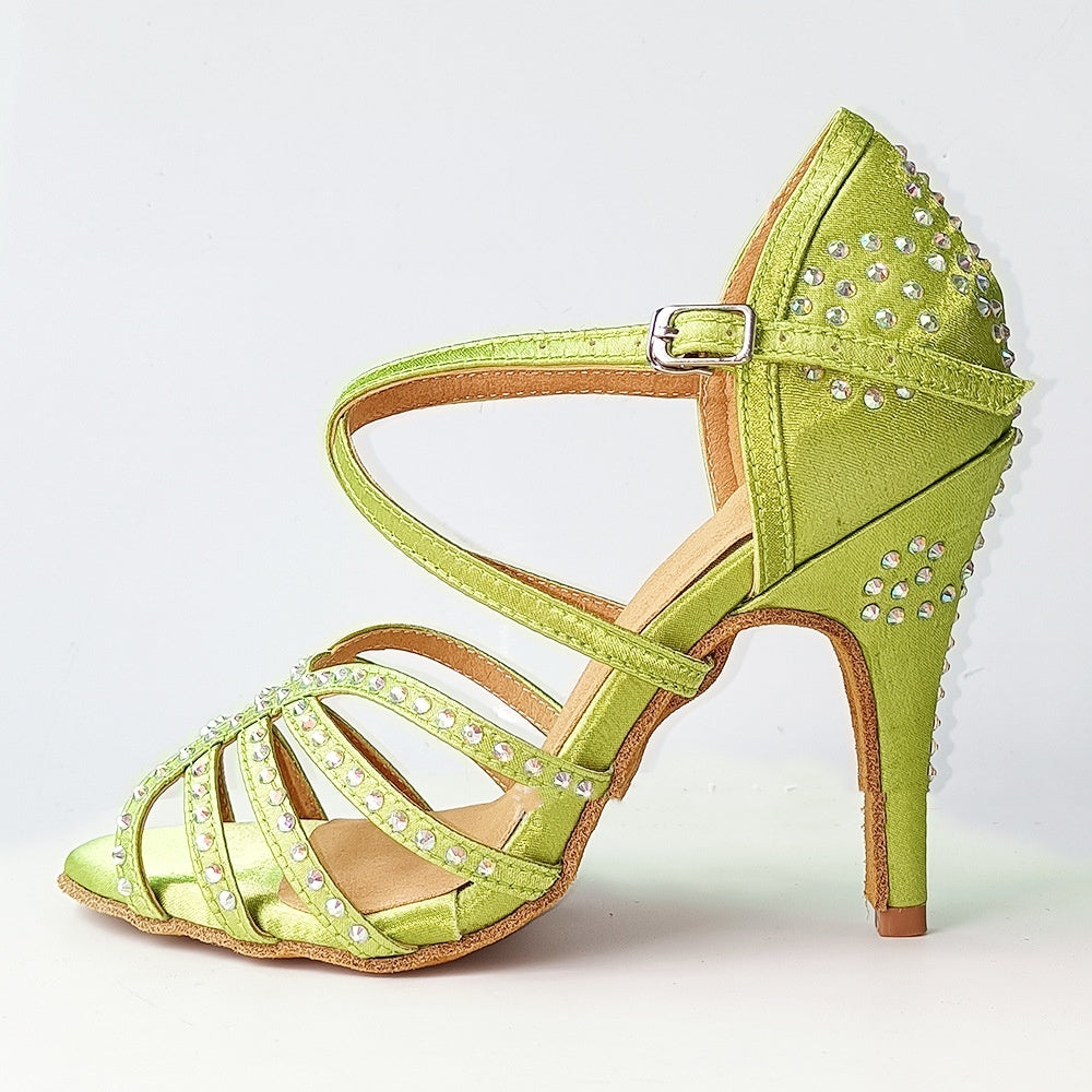 Green Rhinestone Latin Dance Shoes Women's High Heel Dancing Shoes - globaltradeleader