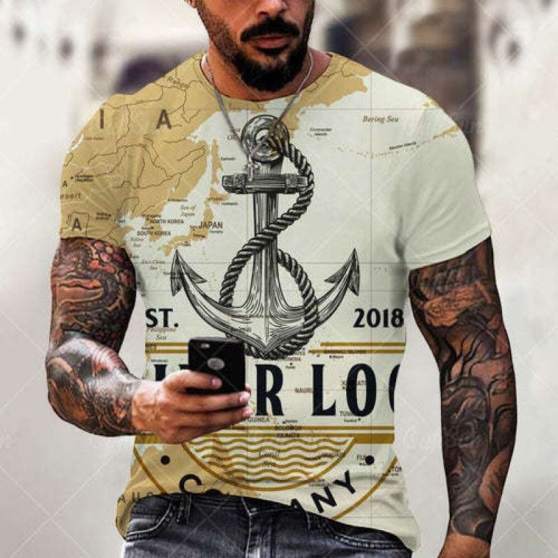 Men's Short-sleeved Summer T-shirt Men's 3D Boat Anchor Pattern Couple's Short-sleeved