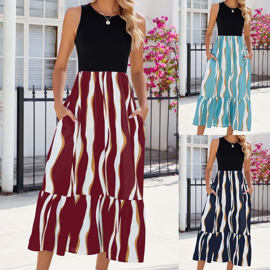 Round Neck Sleeveless Long Dress Summer Fashion Striped Print Dresses Womens Clothing - globaltradeleader