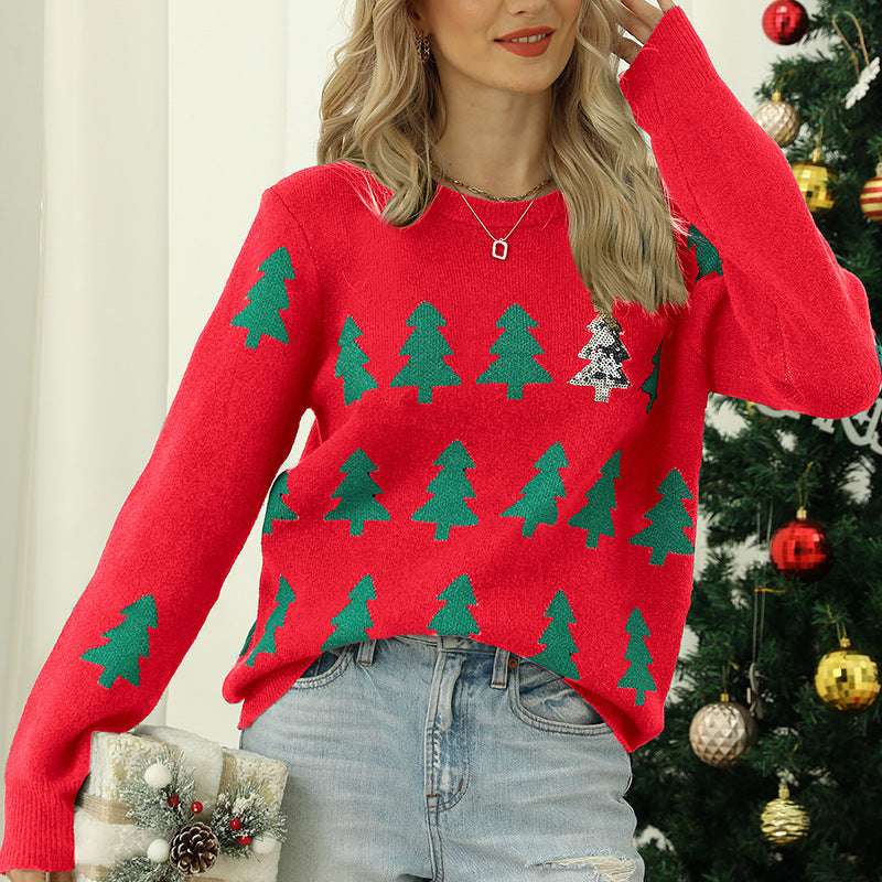 Women's Jacquard Christmas Tree Long Sleeve Red Christmas Sweater - globaltradeleader