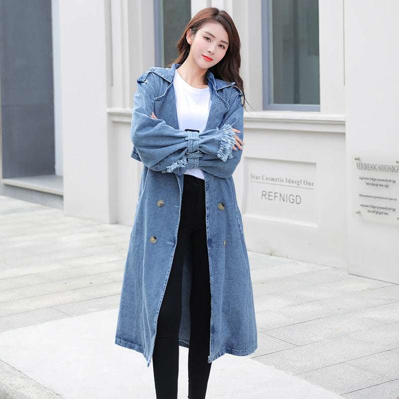 Loose Mid-length Coat With Belt Double Breasted Denim Women's Windbreaker - globaltradeleader