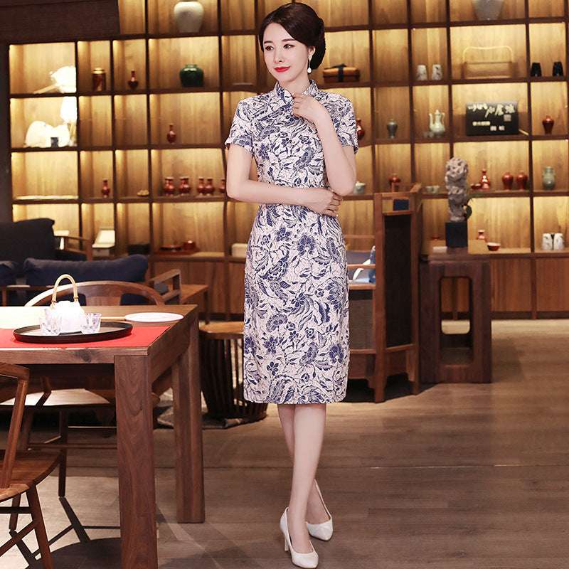 Blue And White Porcelain Retro Slim Improved Cheongsam