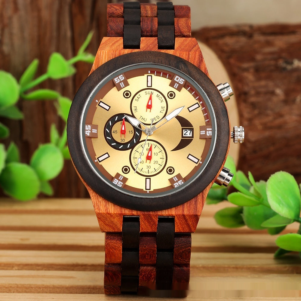 New Multi-functional Calendar Full Wood Band Quartz Watch - globaltradeleader