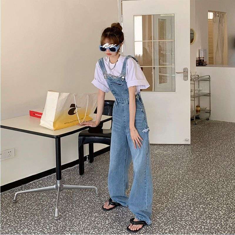 Ripped Denim Suspender Pants Women's Spring Versatile Ins High Waist Straight Wide Leg Mop Trousers Women's - globaltradeleader