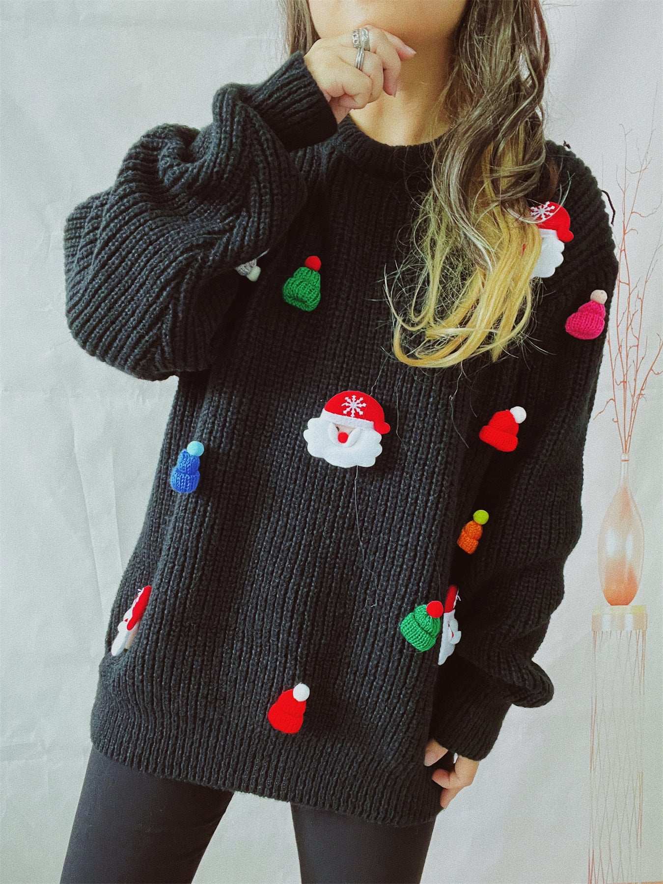 Women's Cute Fashion Santa Claus Three-dimensional Decoration Round Neck Long Sleeve Sweater - globaltradeleader